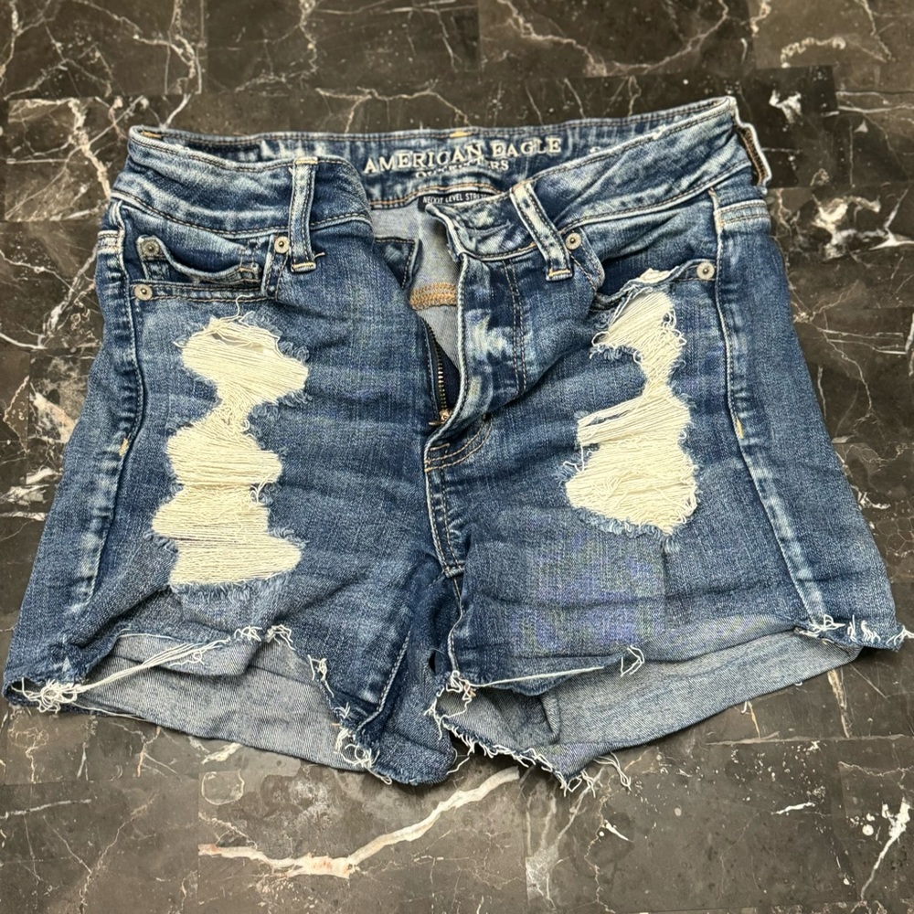 American Eagle Next Level Stretch Midi Distressed Cuffed  Denim lace Shorts 4
